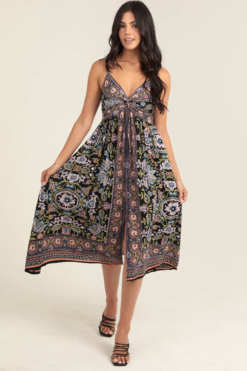 Midi Spaghetti Strap Dress with Twist Front