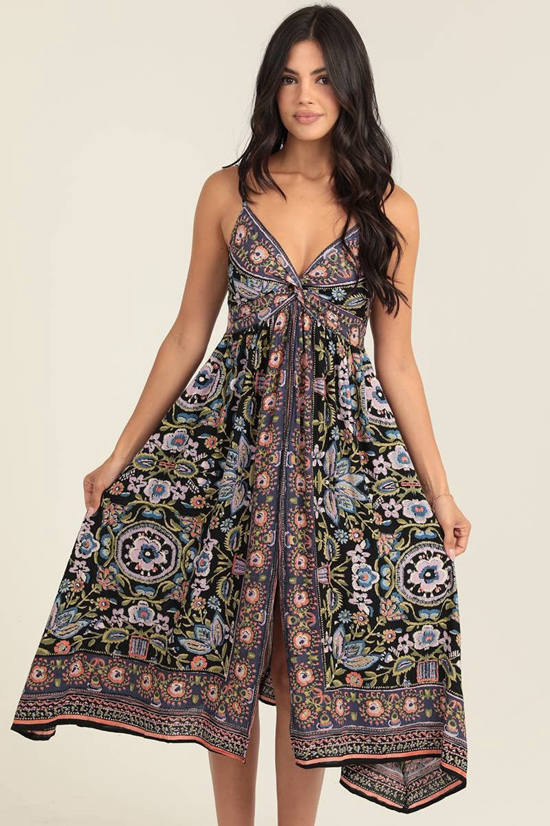 Midi Spaghetti Strap Dress with Twist Front