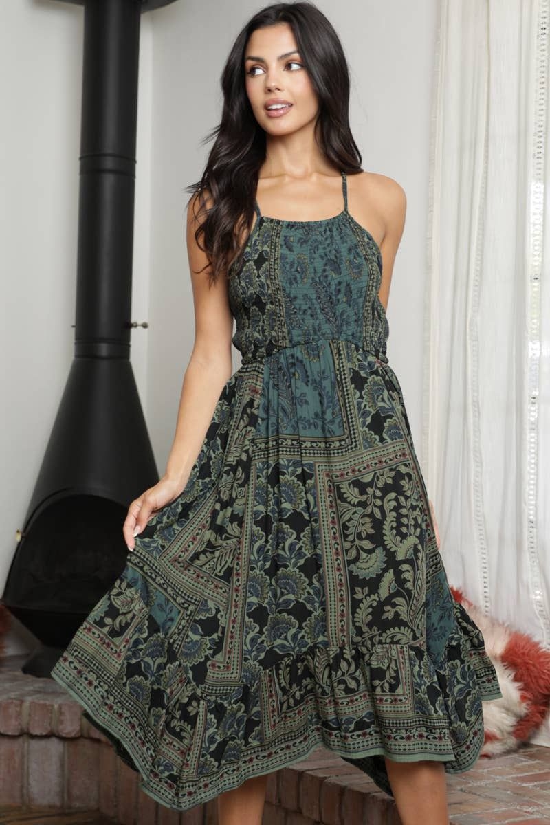 Smocked Bodice Printed Overdue Hanky Hem Midi, Size: L