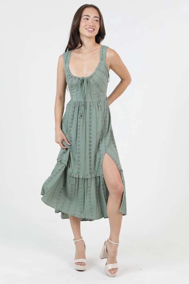 Eyelet Embroidered Midi Dress with Tie Back, Size: M
