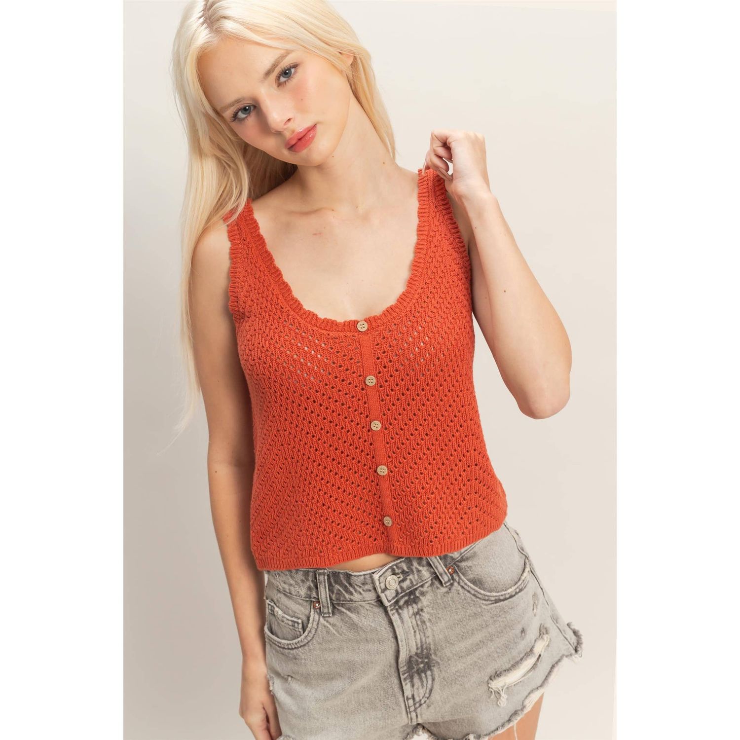 Open Knit Scallop Edge Button Front Tank Top