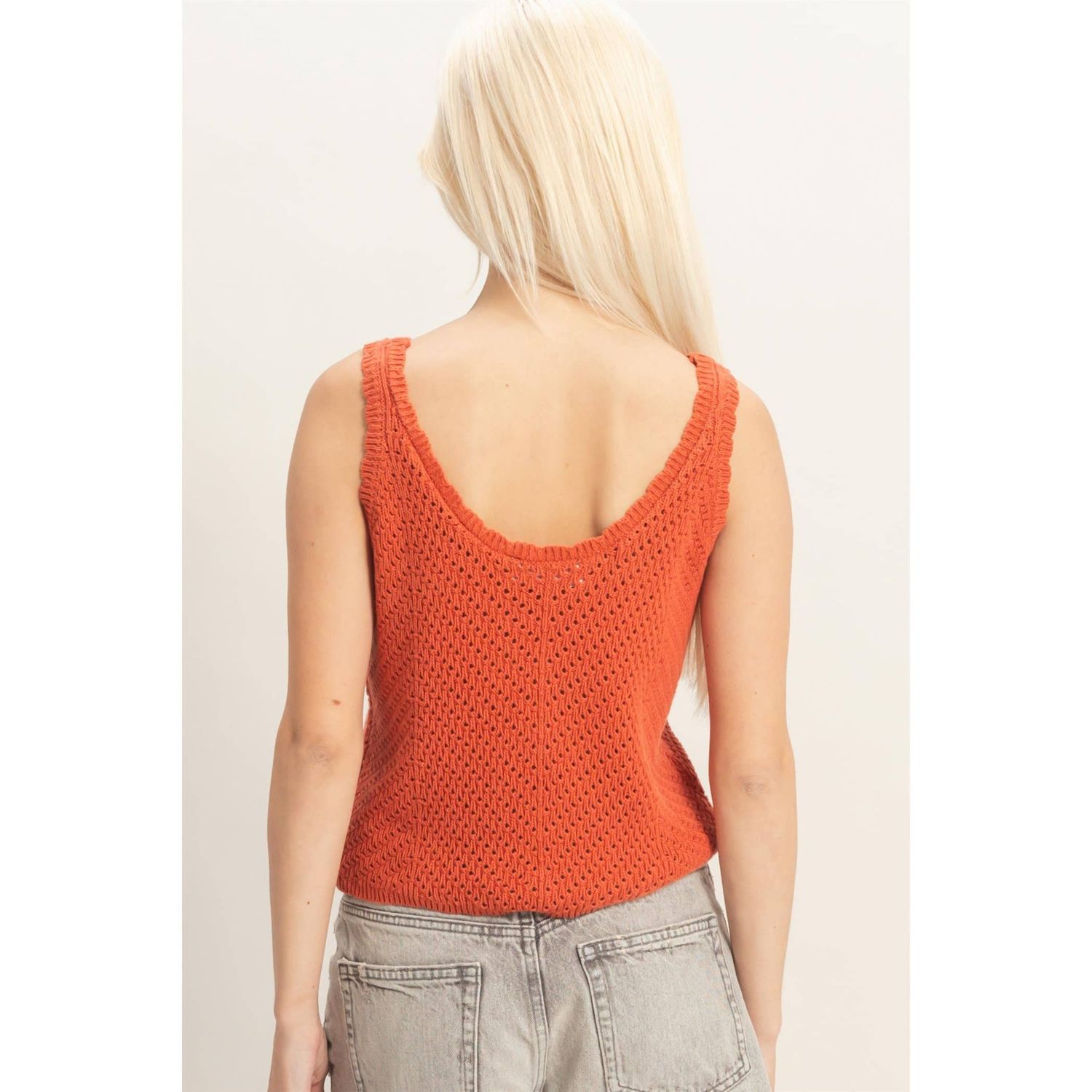 Open Knit Scallop Edge Button Front Tank Top