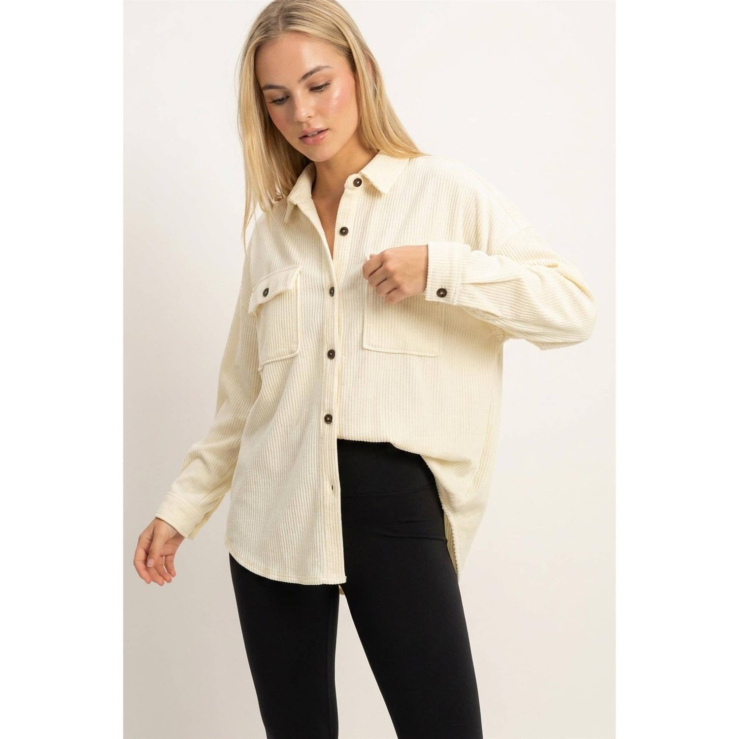 Mineral Wash Waffle Knit Button-Up Shacket, Color: CREAM, Size: S