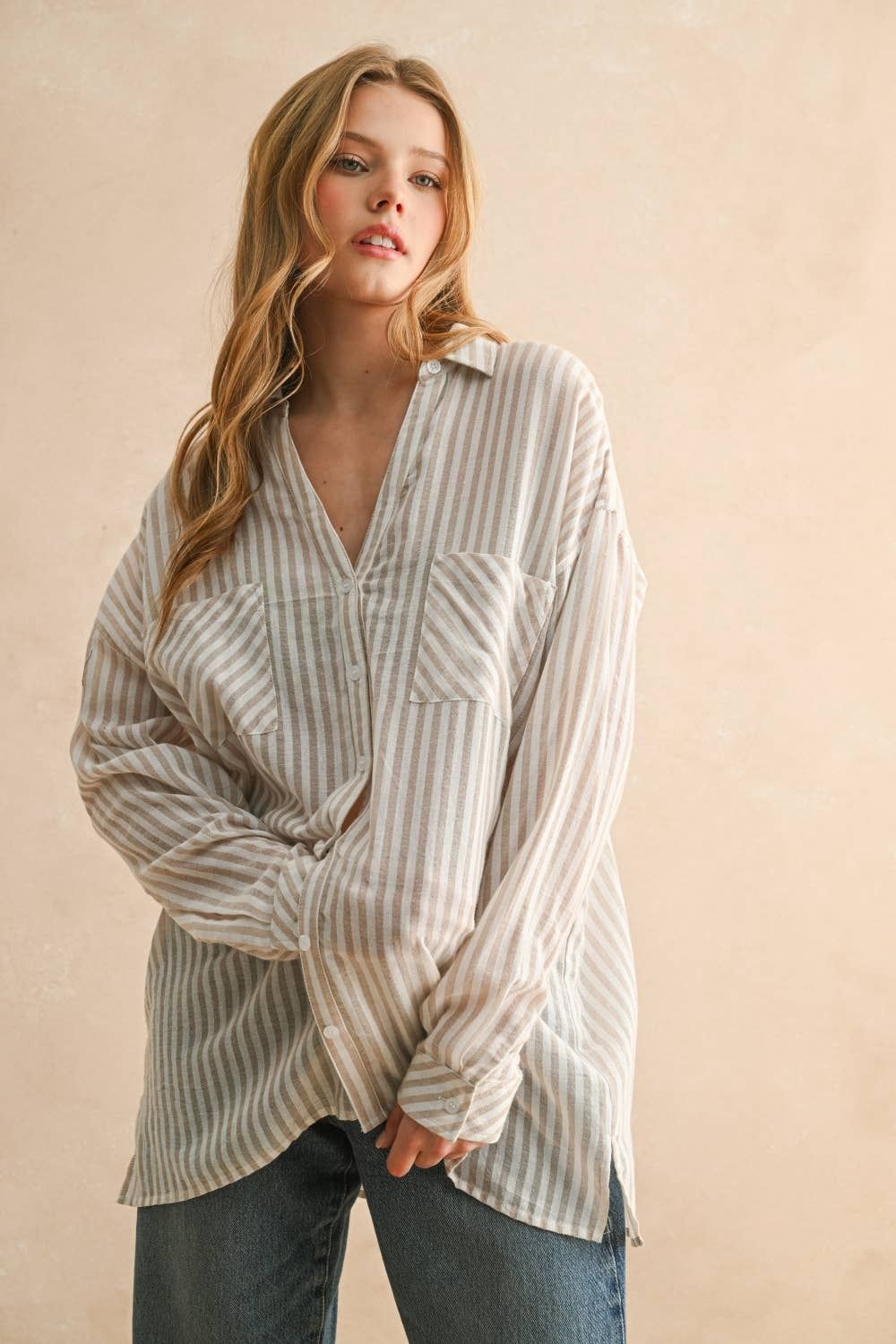 Striped Button-Down Shirt, Size: L