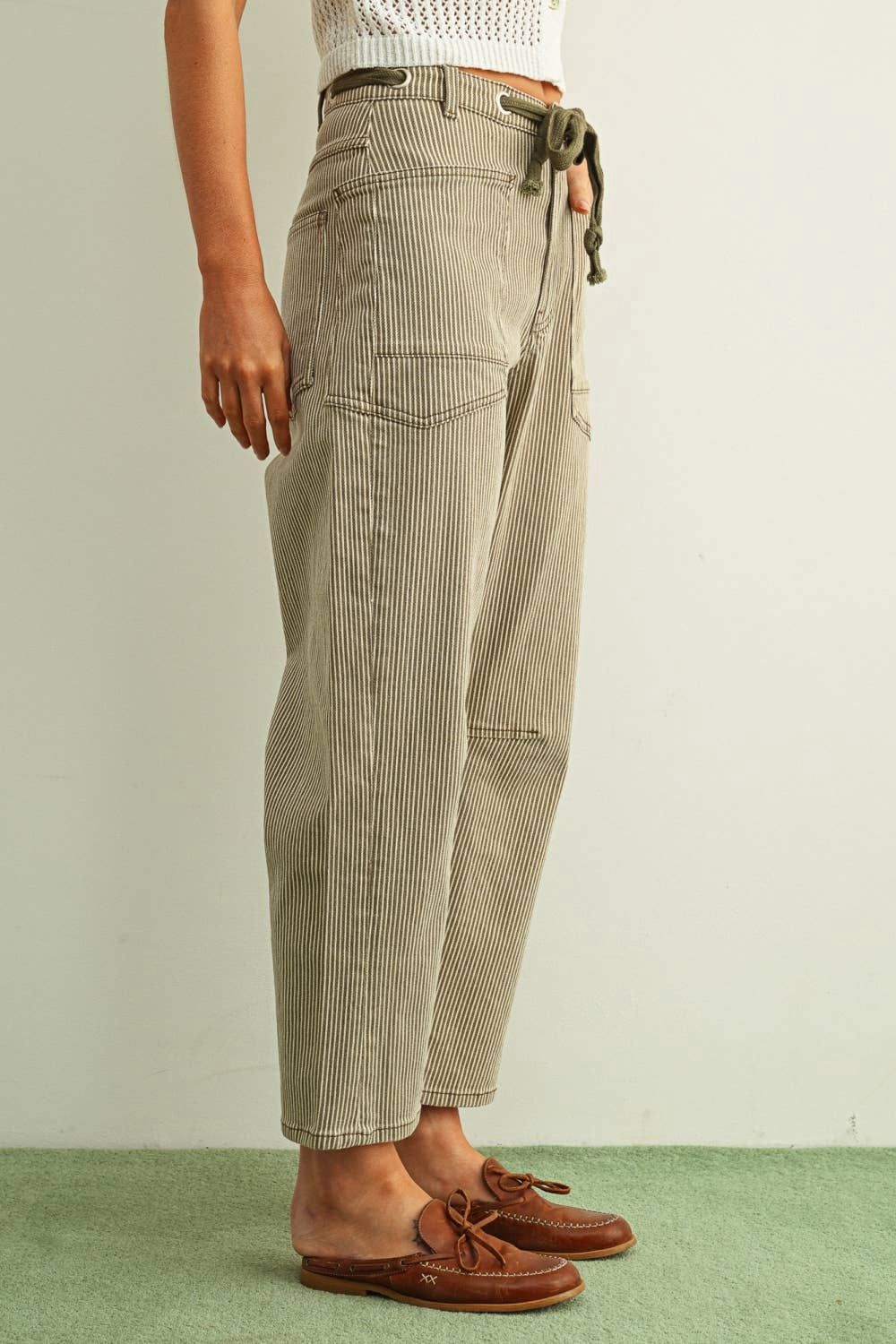 Striped Pattern Washed Barrel Pants