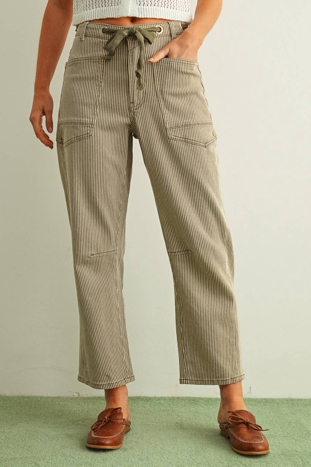 Striped Pattern Washed Barrel Pants