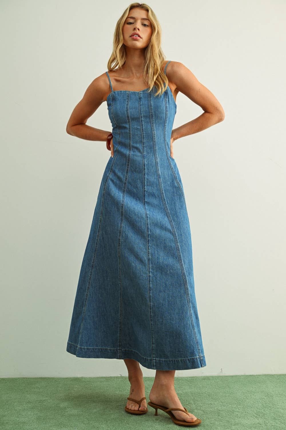 Paneled Maxi Washed Denim Dress, Size: S