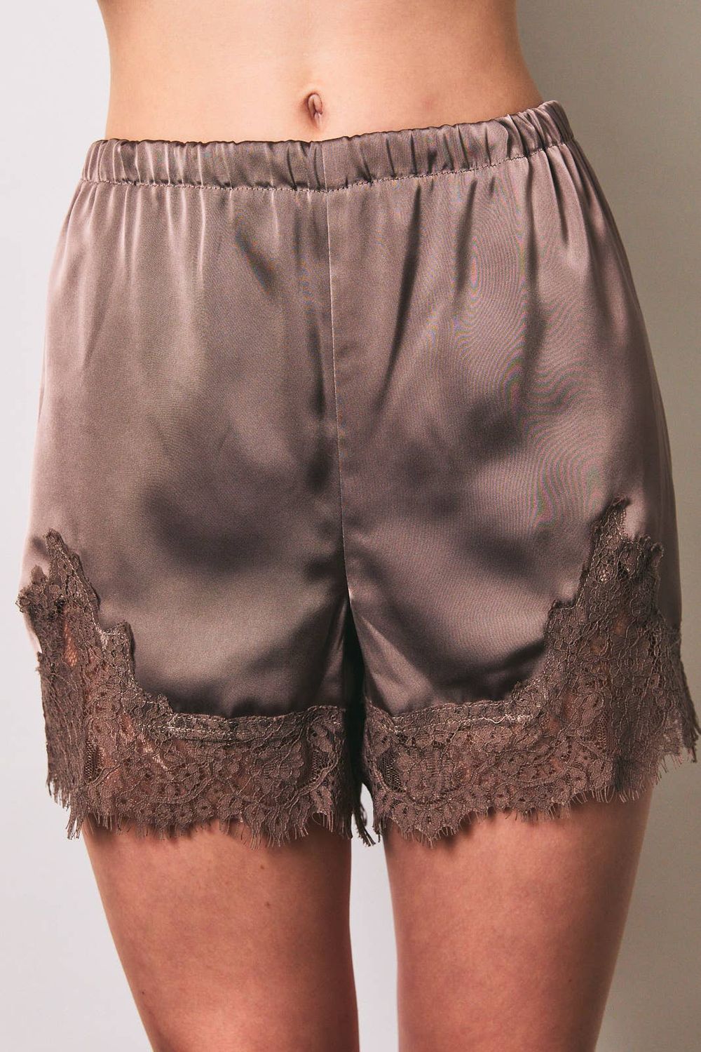 Elastic Waist Mid Rise Lace Trim Shorts, Color: MOCHA, Size: XS