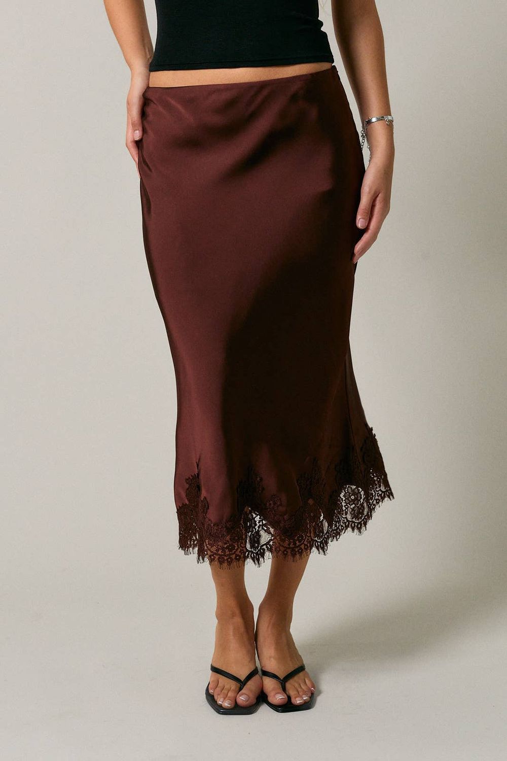 Lace Trim Bias Cut Midi Skirt, Size: XS