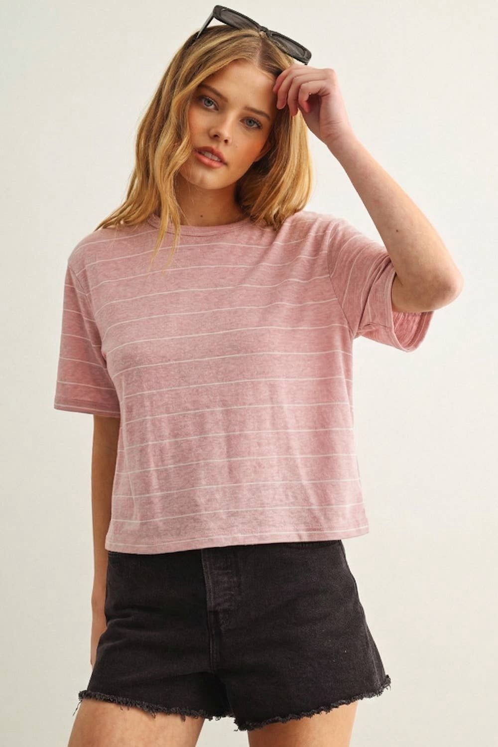 Stripe Cotton Linen Top, Size: L