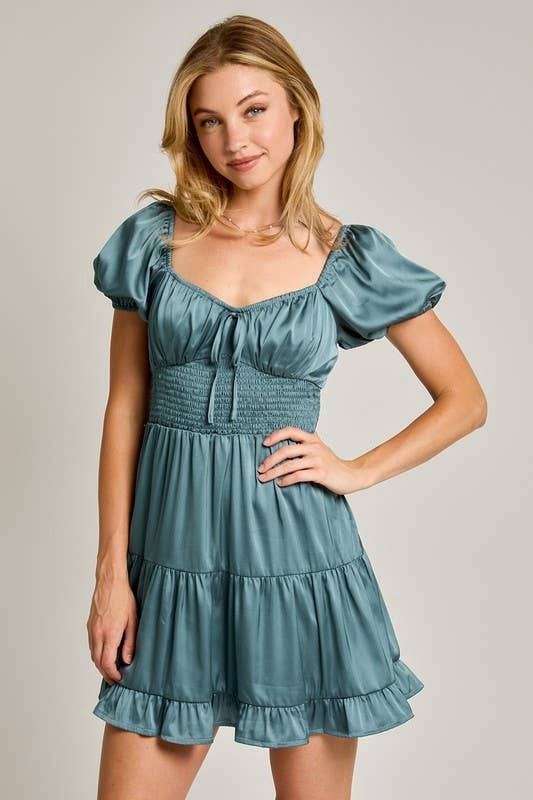 Puff Short Sleeve Smocked Waist Tiered Mini Dress
