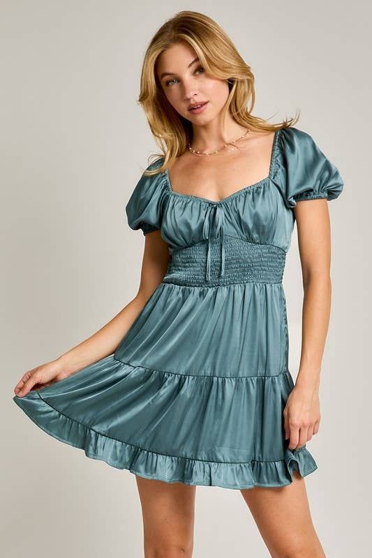 Puff Short Sleeve Smocked Waist Tiered Mini Dress