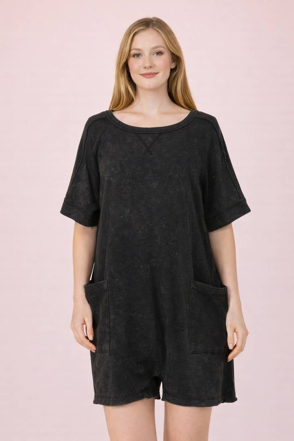 Mineral Washed Knit Casual Romper, Size: S