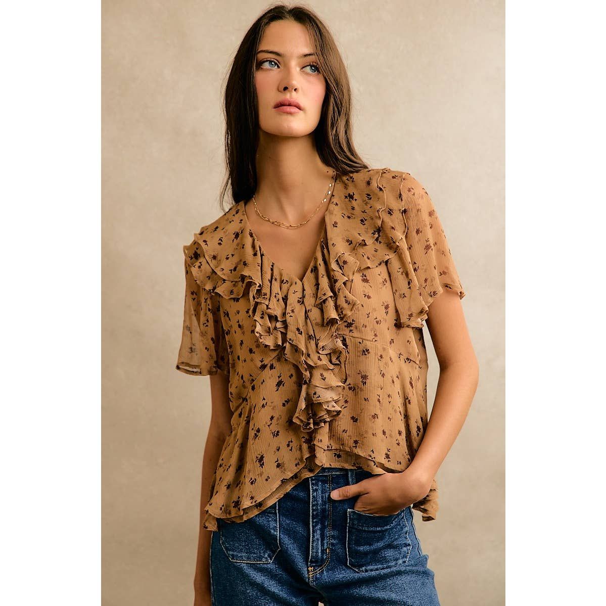 Floral Print V-Neck Ruffled Short Sleeves Blouse, Size: L