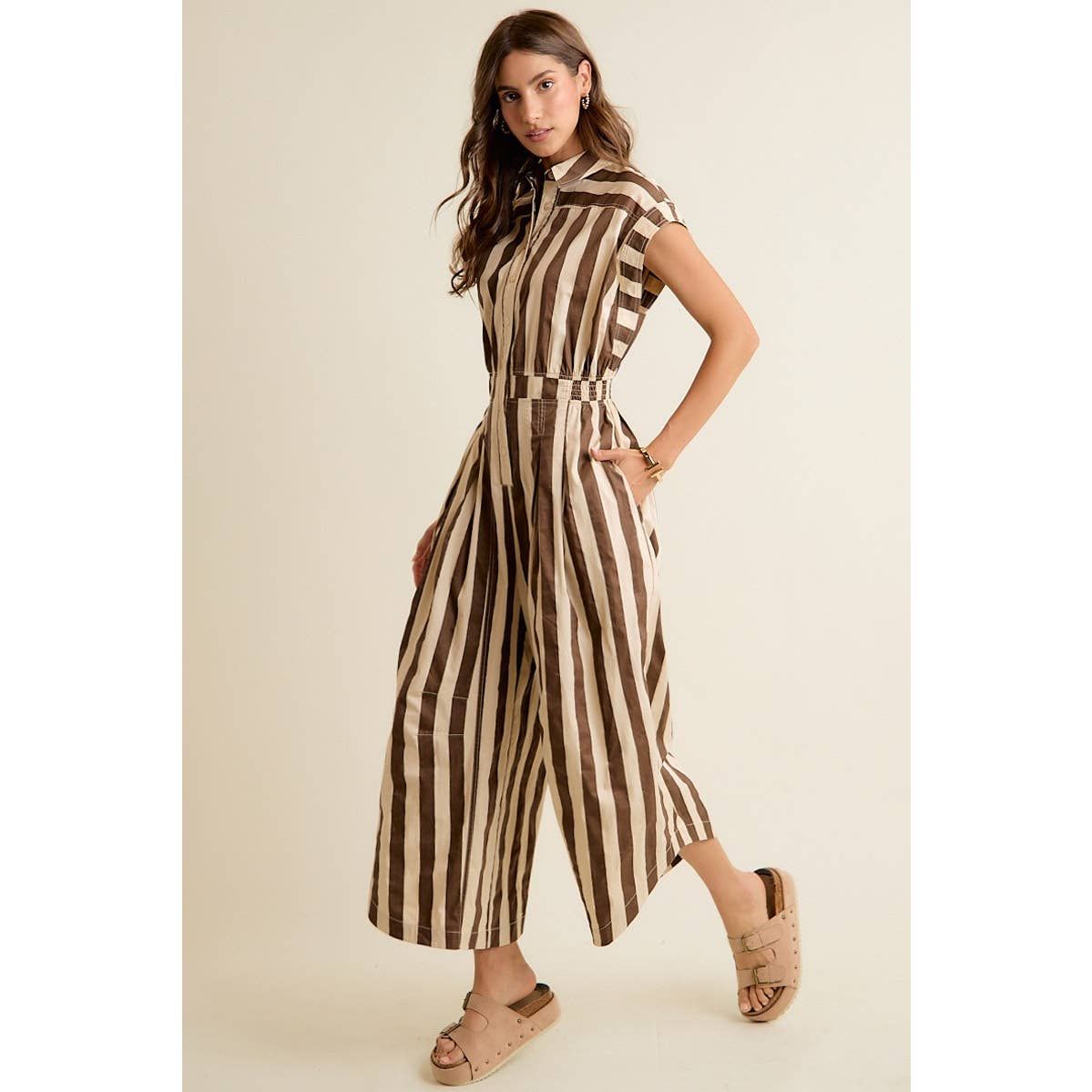 Sleeveless Wide Leg Stripe Jumpsuit, Size: M