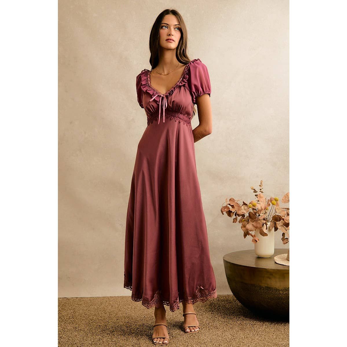 V-Neck Ruffle Slip Satin Maxi Dress, Size: S