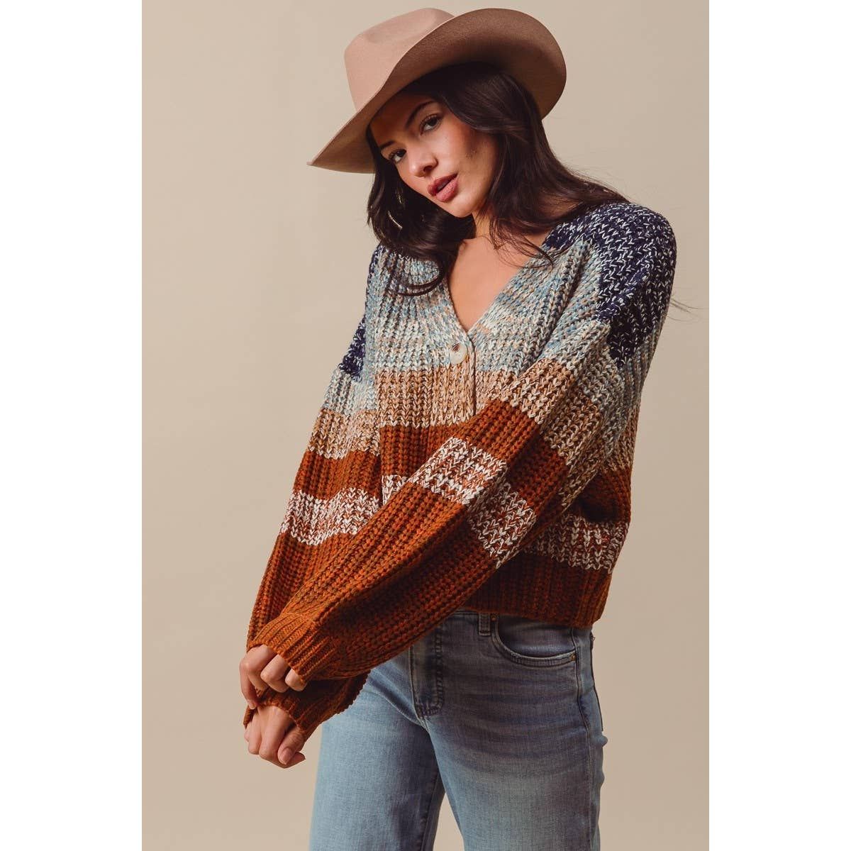 Multi Color Striper Sweater Cardigan, Size: L