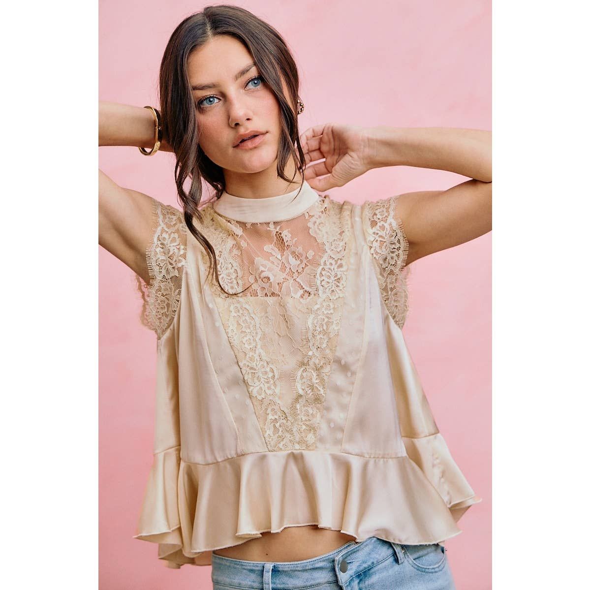 Satin Mock Neck Lace Trim Peplum Blouse Top, Size: XL