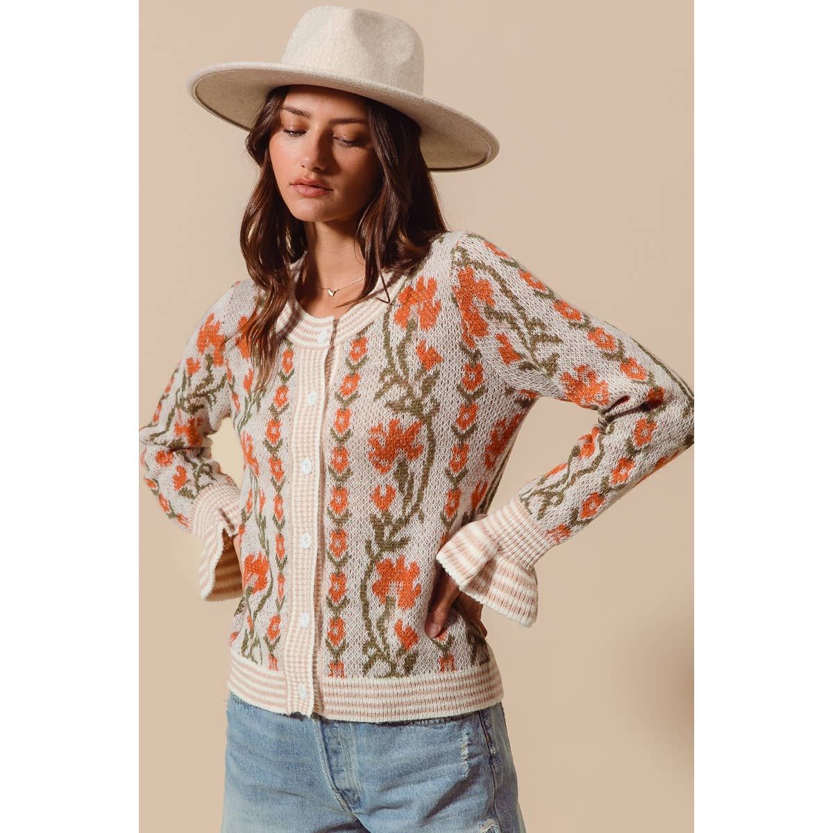 Floral Intarsia Button Up Sweater Cardigan, Color: OATMEAL, Size: S