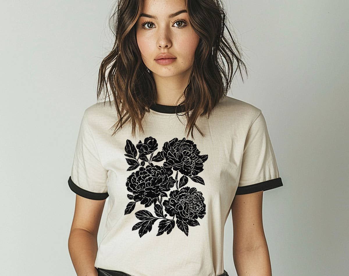 Retro Linocut Black Peonies T- Shirt, Size: XS
