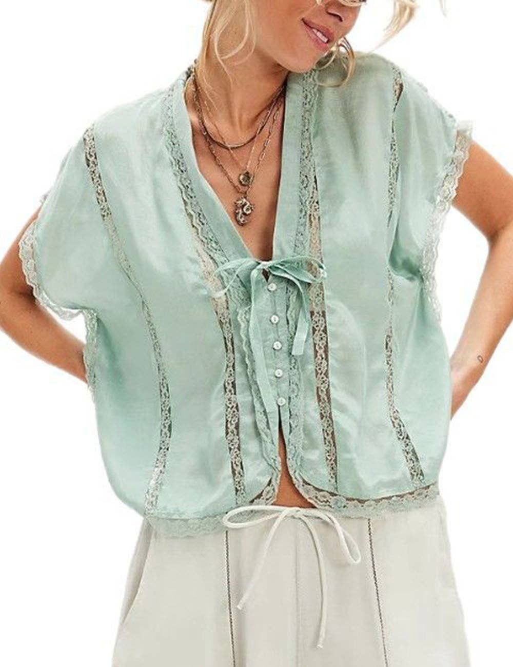 V-Neck Lace Trim Solid Color Top, Size: M