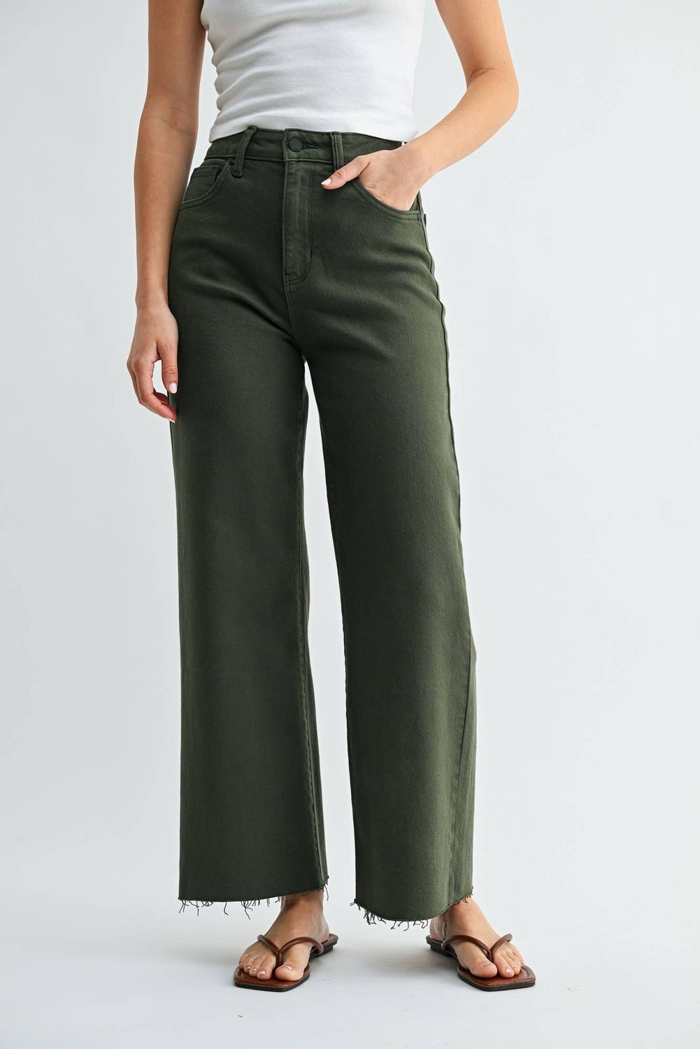 Scissor Cut Wide Leg Jean - Dark Olive, Size: 29
