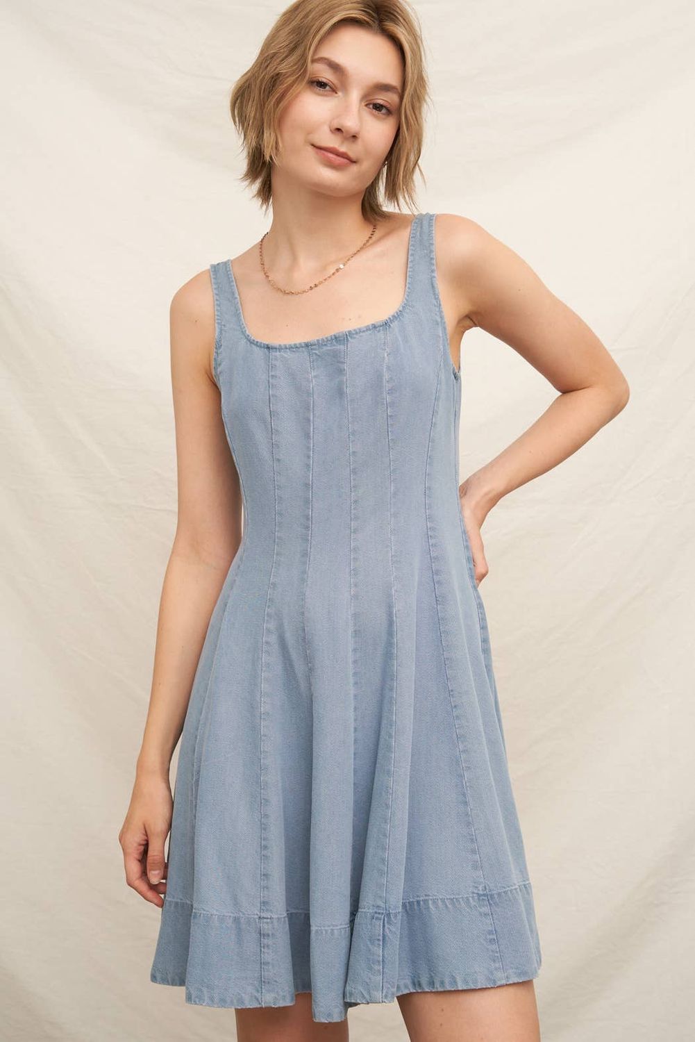 Sleeveless Square Neck Denim Mini Dress, Size: M