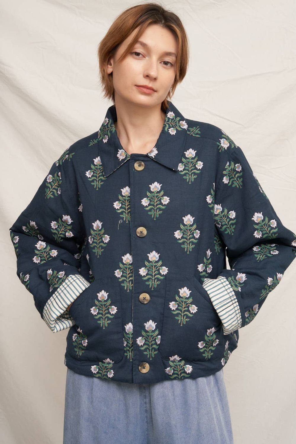 Reversible Quilted Flower Striped Jacket, Size: S