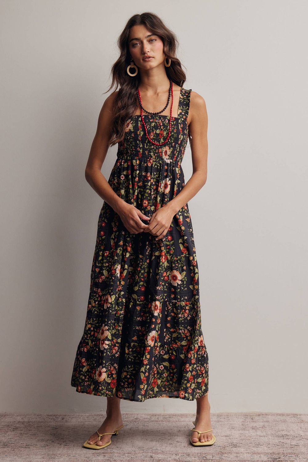 Floral Smocked Tiered Midi Dress, Size: XL
