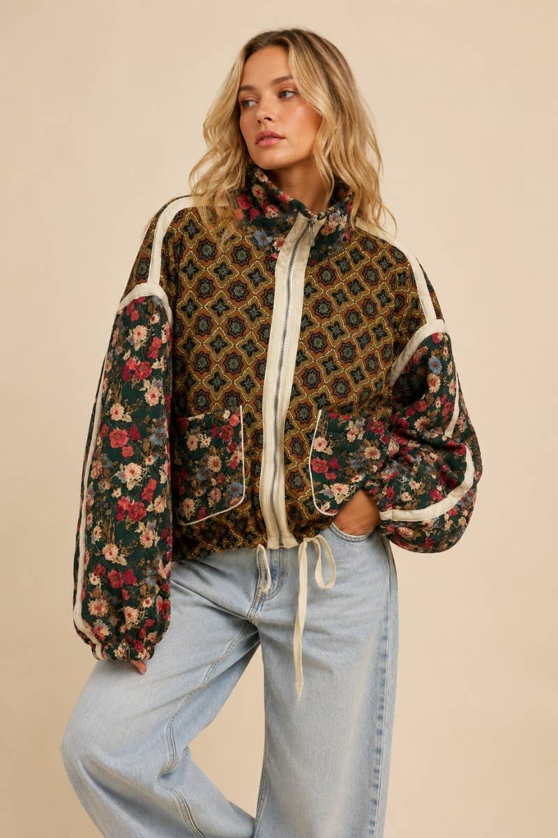 Patchwork Quilted Bomber Jacket, Size: M