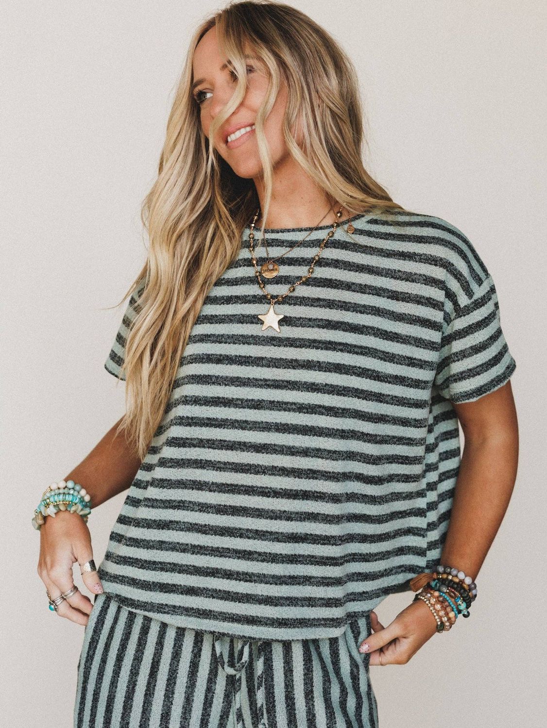 Ibiza Breeze Striped Top - Sage Black, Size: S