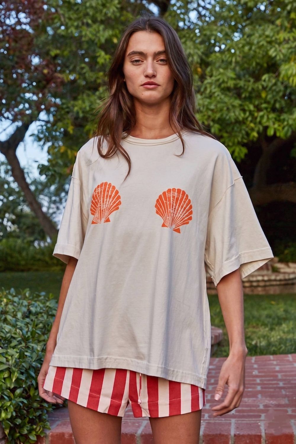 Knit Cotton Graphic Shell Print Crew Oversized Top, Size: L
