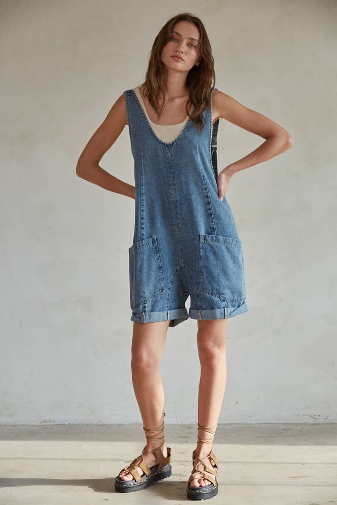 Denim Wide Leg Overalls Romper, Size: S