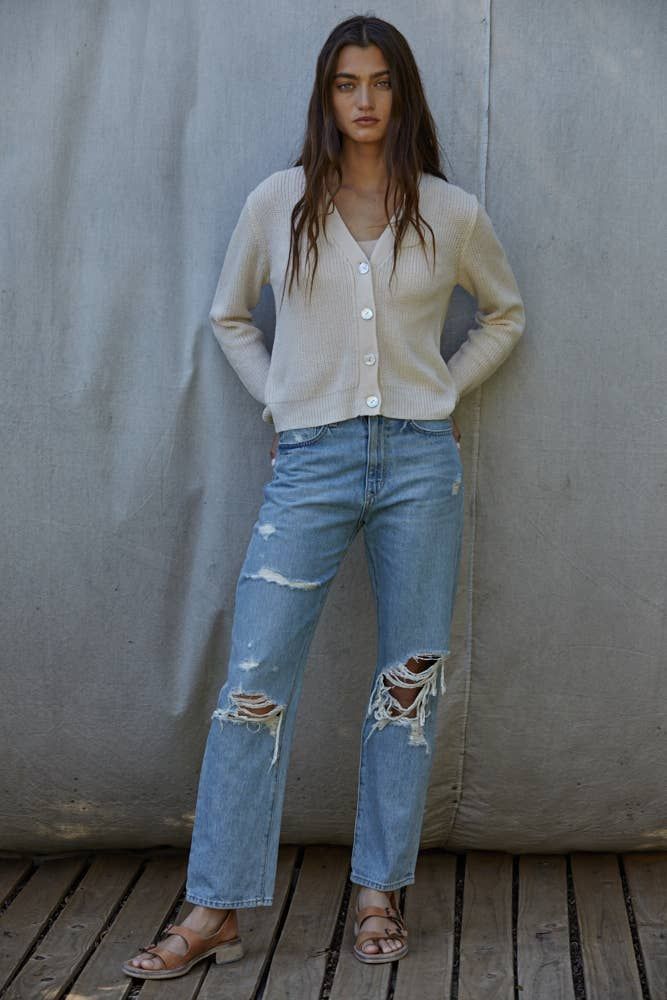 Knit Cotton Acrylic V-Neck Long Sleeve Cardigan, Size: L