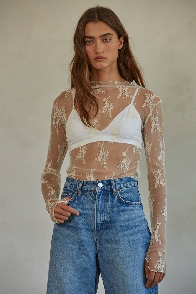 Aubrey Ivory Knit Jacquard Lace Long Sleeve Mock Neck Top, Size: S