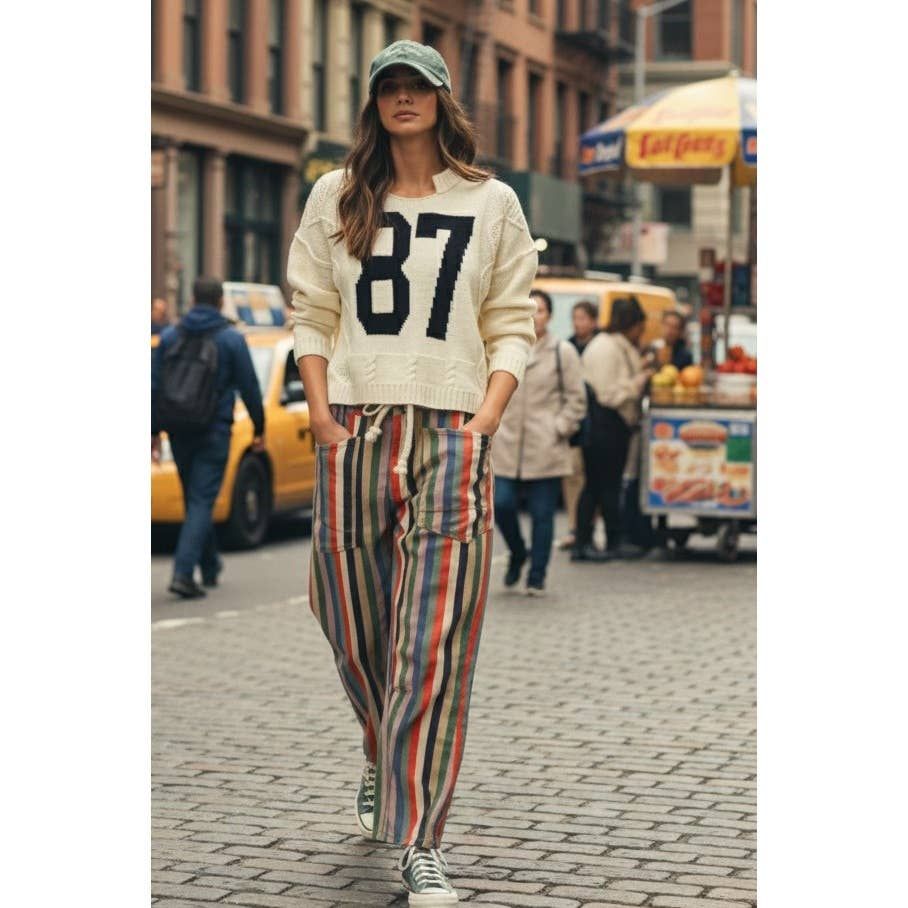Washed Multi Stripes Rope String Relaxed Fit Pants, Size: S
