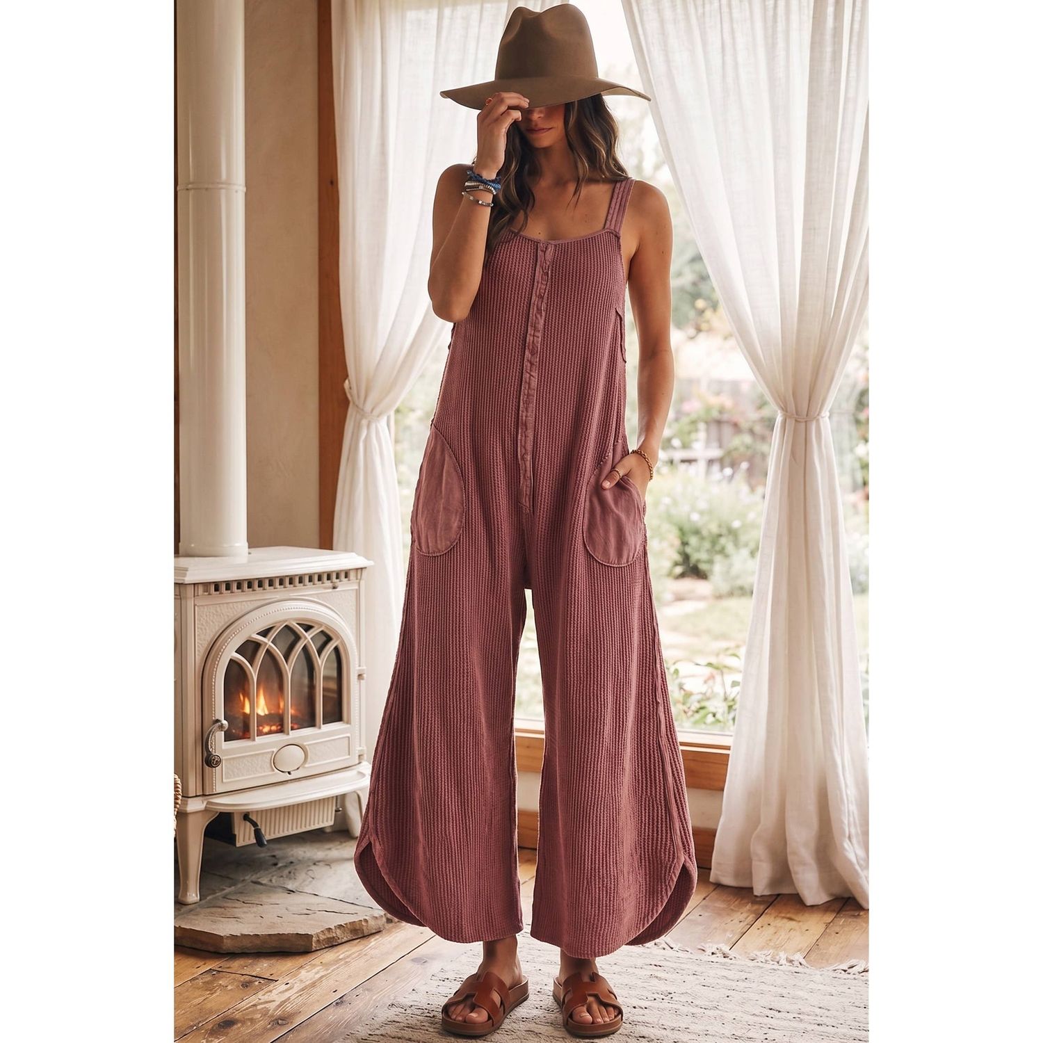 Washed Waffle  Wide Leg Jumpsuit, Size: S