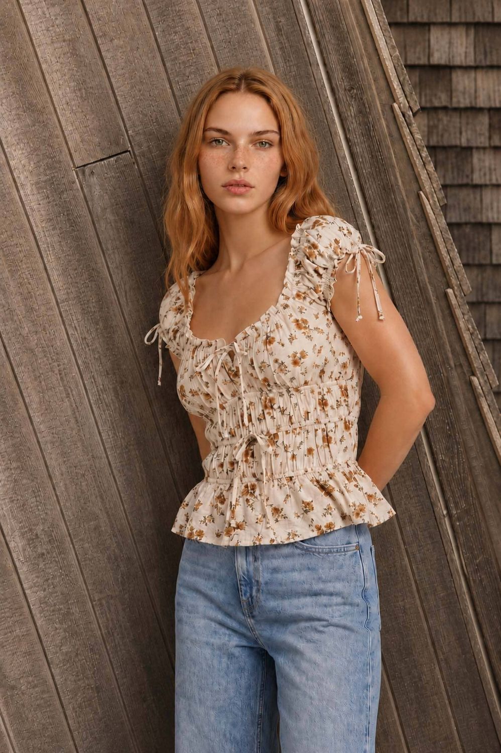 Floral Front Tie Shirred Waist Ruffle Top, Size: S