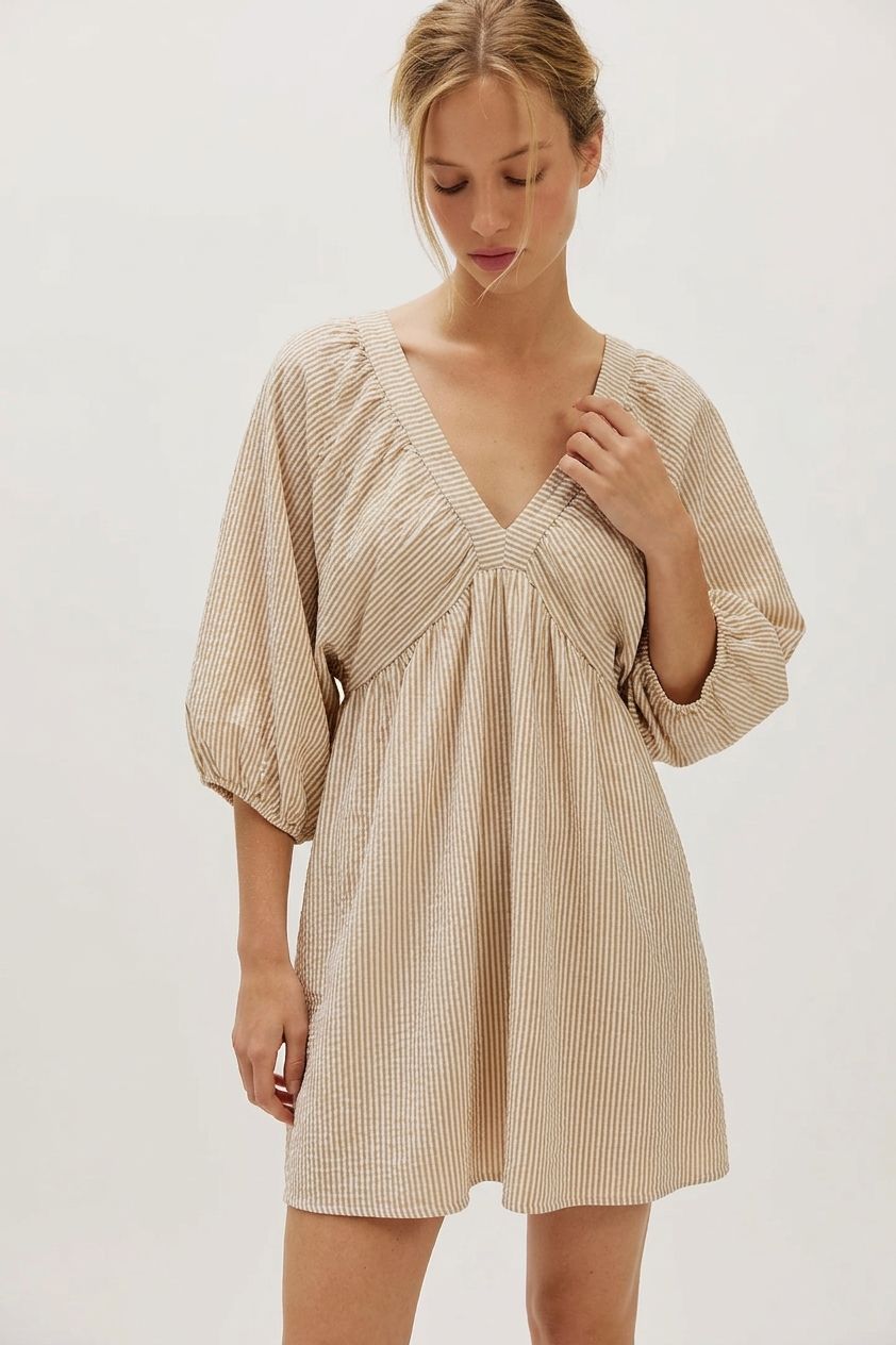 V-neck Lantern Sleeve Babydoll Striped Mini Dress, Size: S