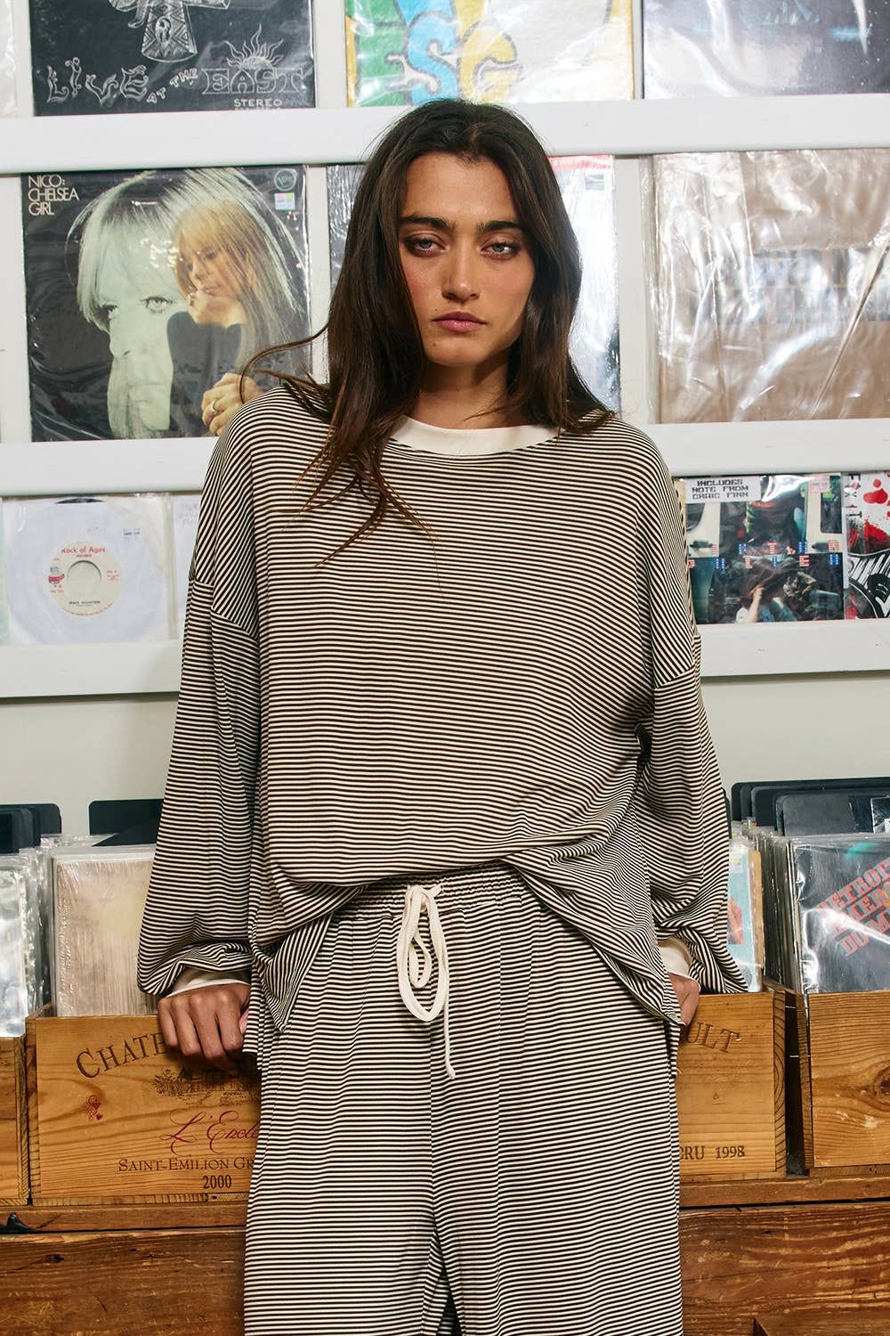 Oversized Micro-Stripe Crewneck Top, Size: S