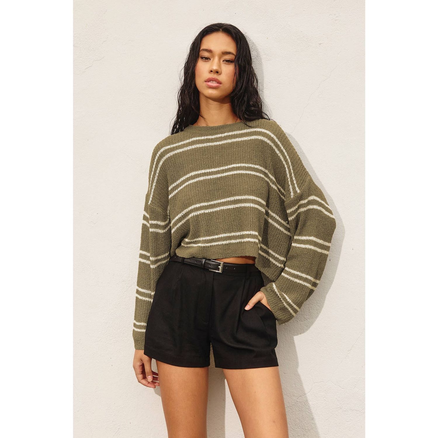Double Striped Long Sleeve Open Knit Top, Size: S