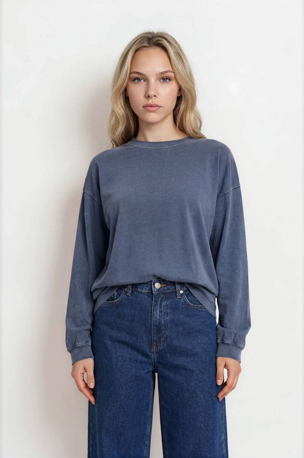 Washed Crew Neck Long Sleeve Top, Size: S