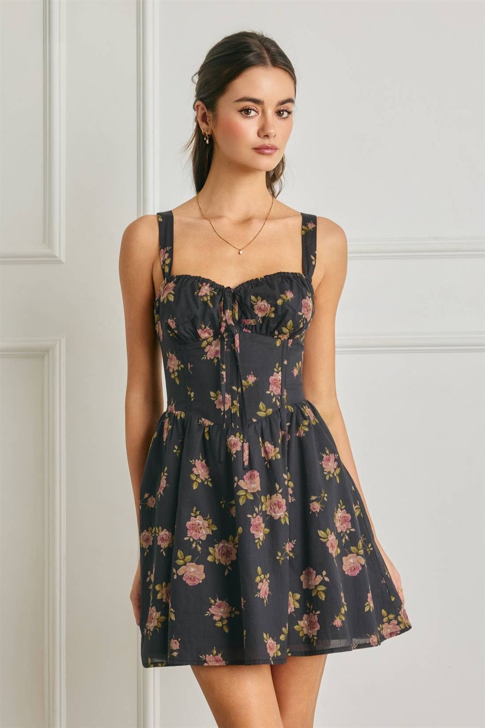 Floral Sweetheart Corset Dipped Waist Mini Dress, Size: S
