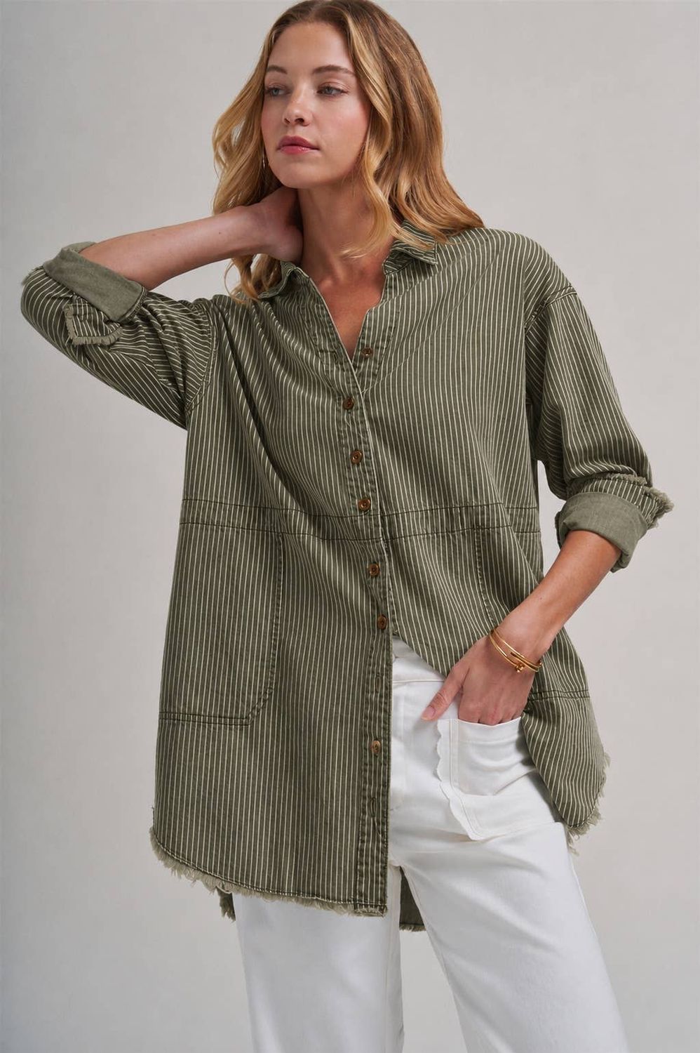 Pin Stripe Linen Oversized Shirt, Size: S