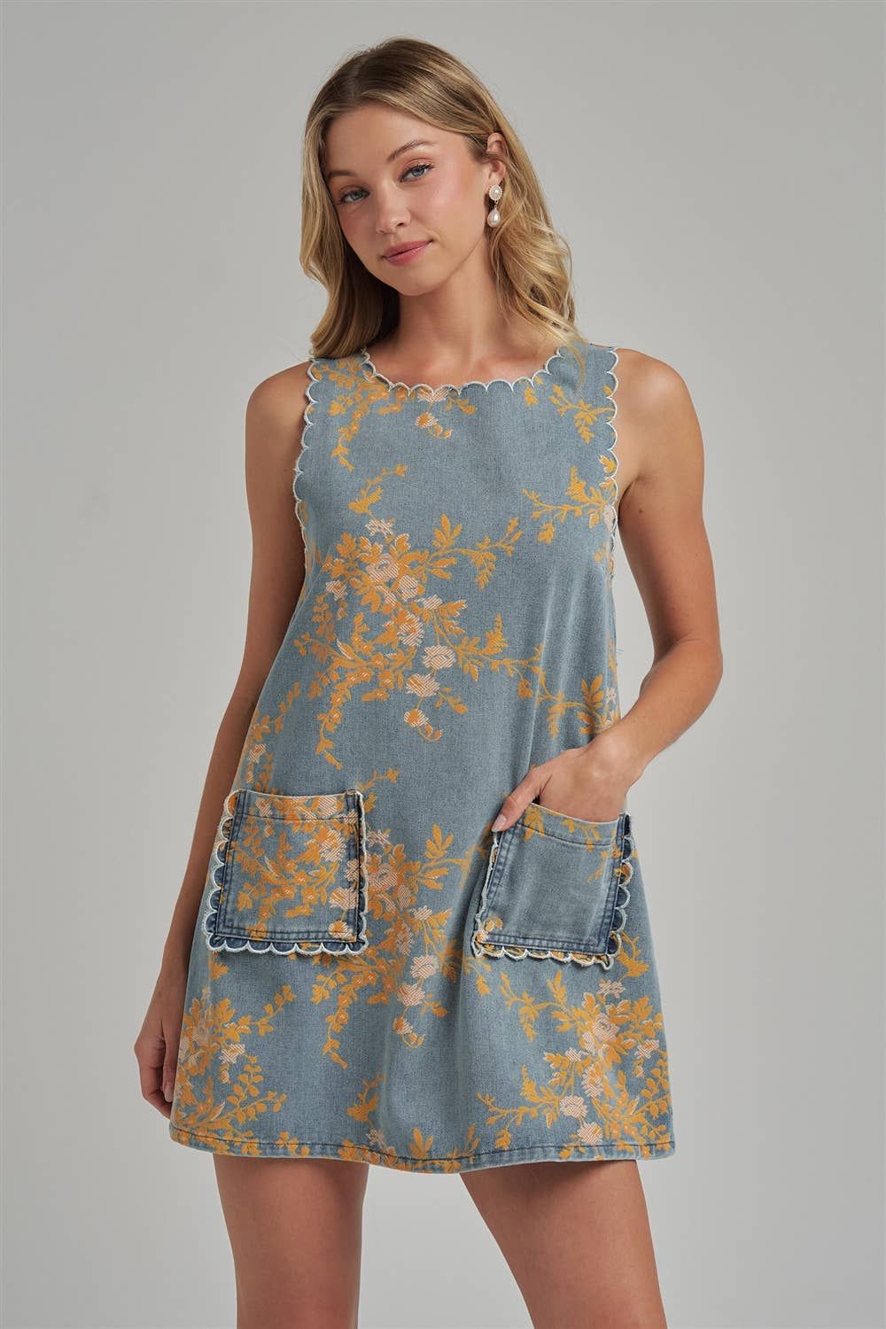 Floral Denim Dress with Scallop Embroidery, Size: S