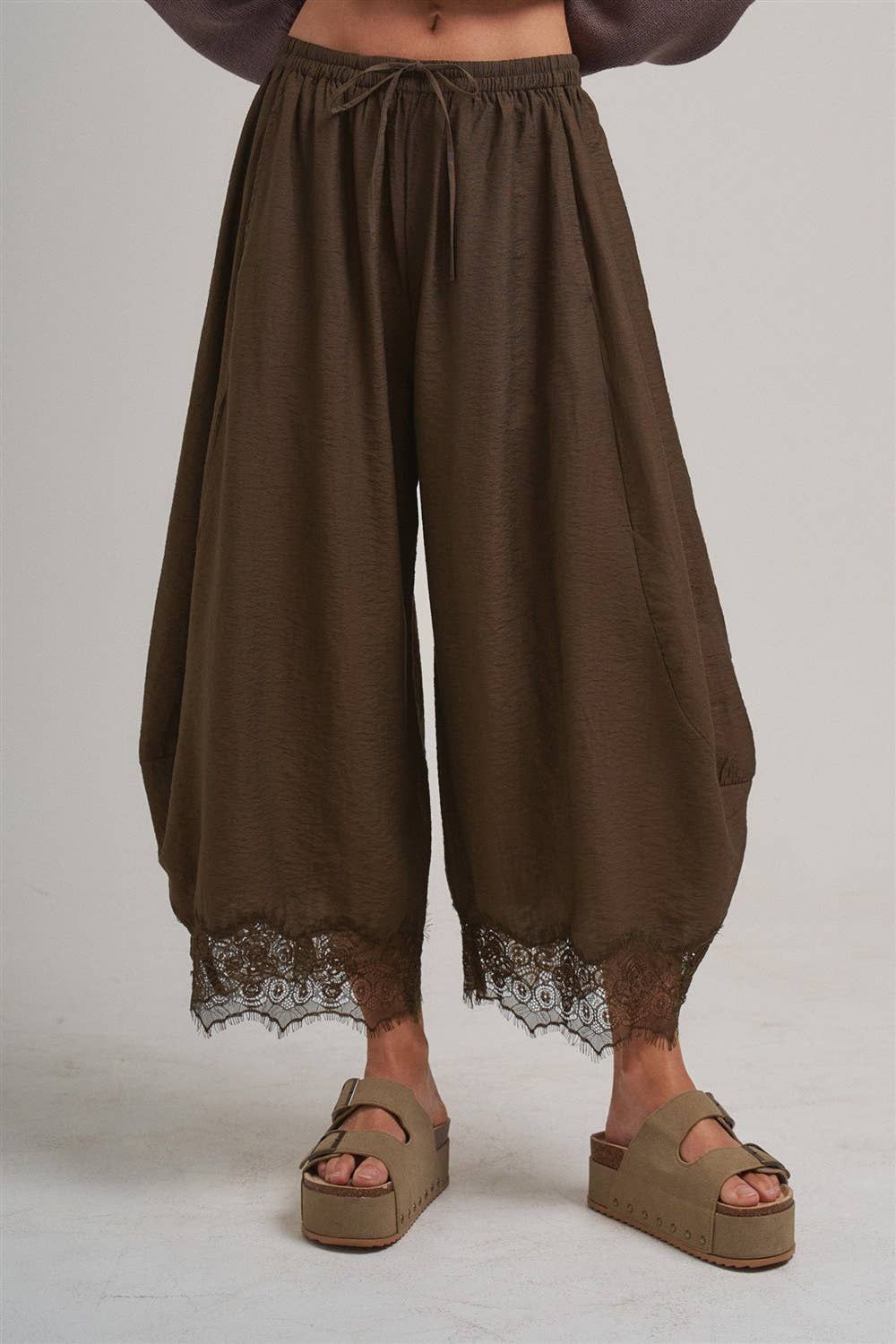 Lightweight Balloon Leg Pants with Lace, Size: S
