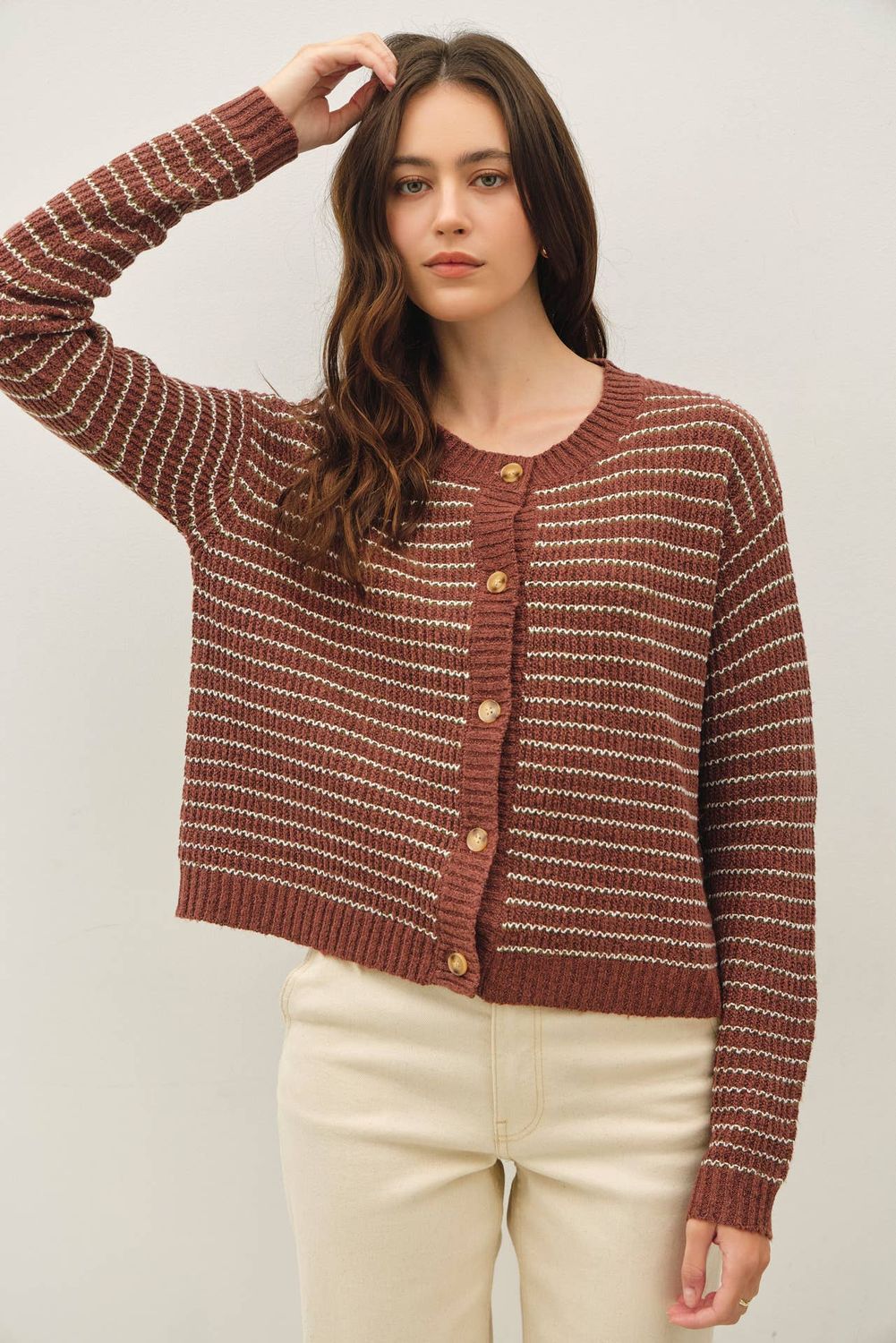 Striped Waffle Knit Cardigan, Size: S