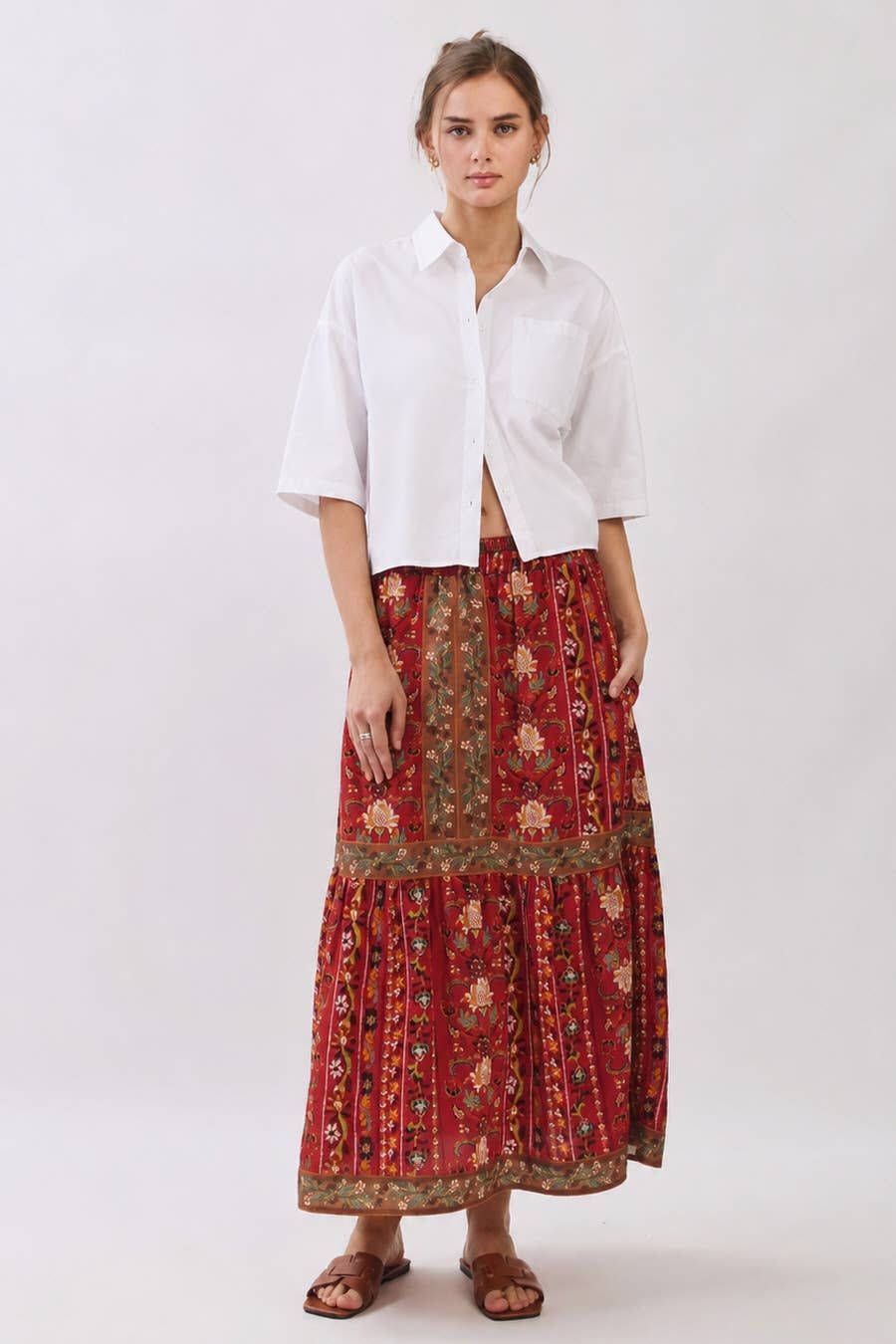 Floral Print Tiered Maxi Skirt, Size: M