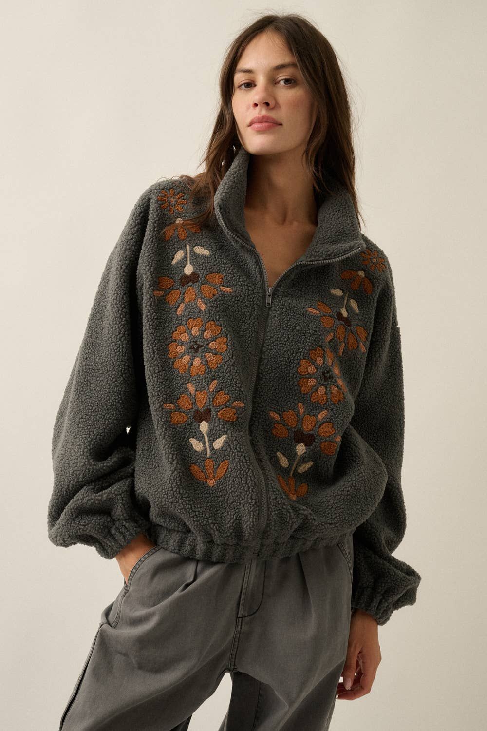 Floral-Embroidered Sherpa Fleece Zip-Up, Size: M