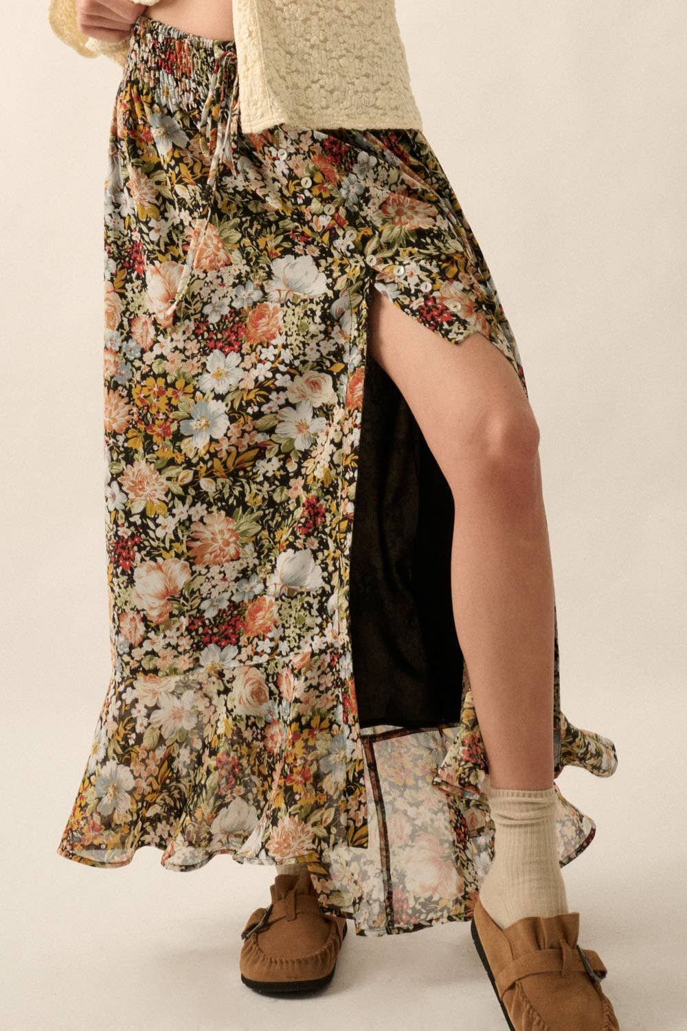 Floral Front Slit Skirt, Size: L